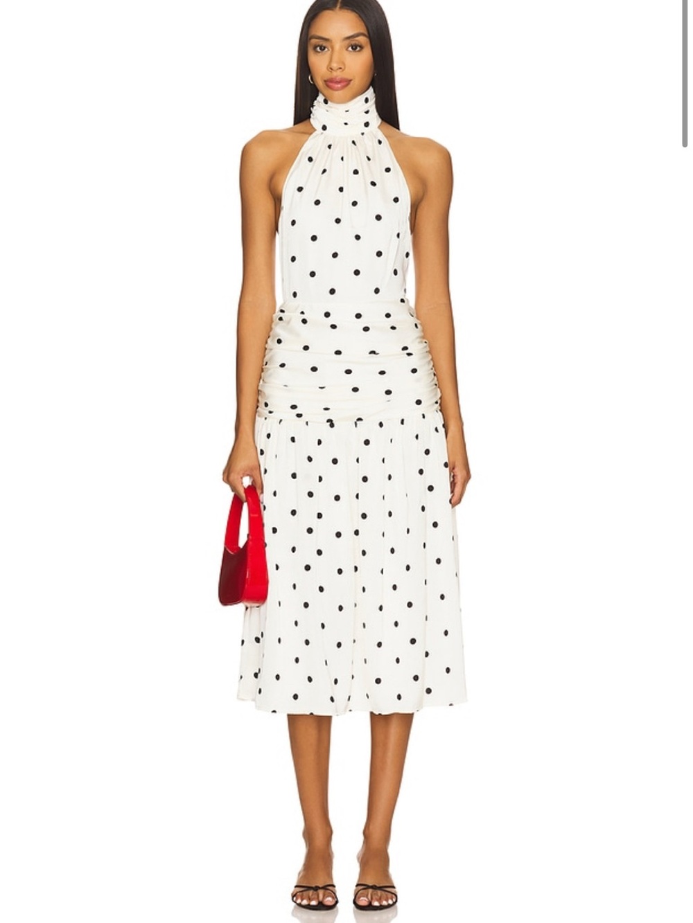 Revolve Carmina Halter Midi Dress in White and Black Polka Dot